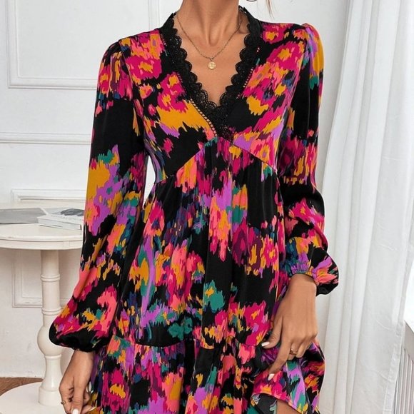 . Dresses & Skirts - Allover Print Lace Trim Lantern Sleeve Ruffle Hem mini Dress
